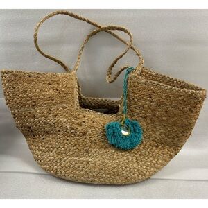Shiraleah Natural Jute  Hobo Large Tote With Teal Pom Charm
